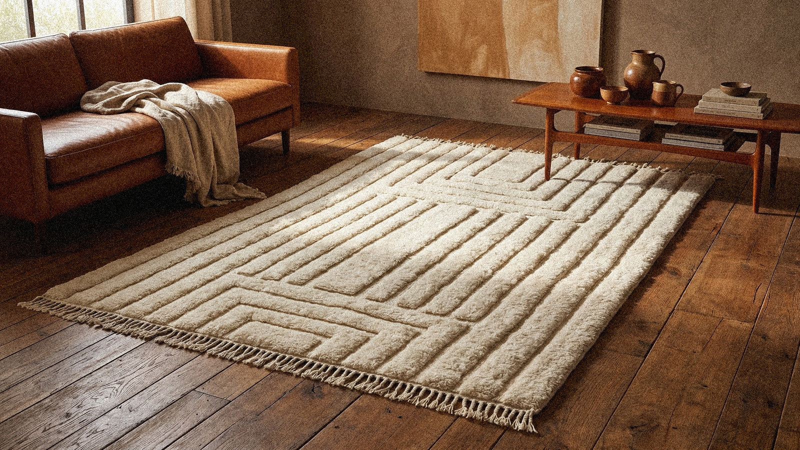 Tapis M'rirt dense et sculpté dans un salon chaleureux aux tons bruns