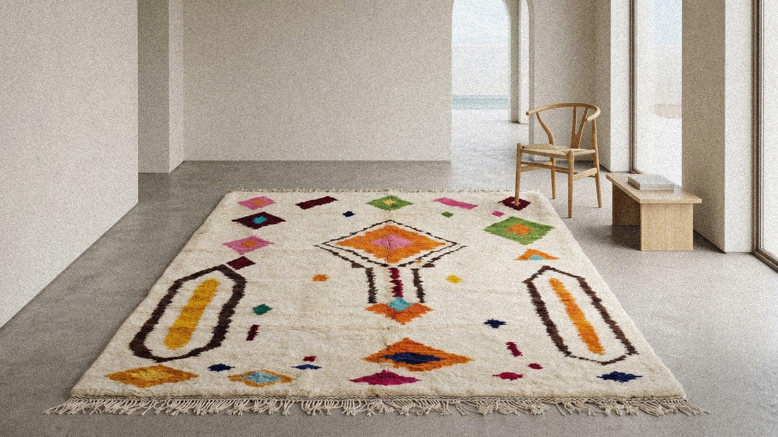 Tapis Azilal coloré aux motifs symboliques comme point focal d'une pièce sobre