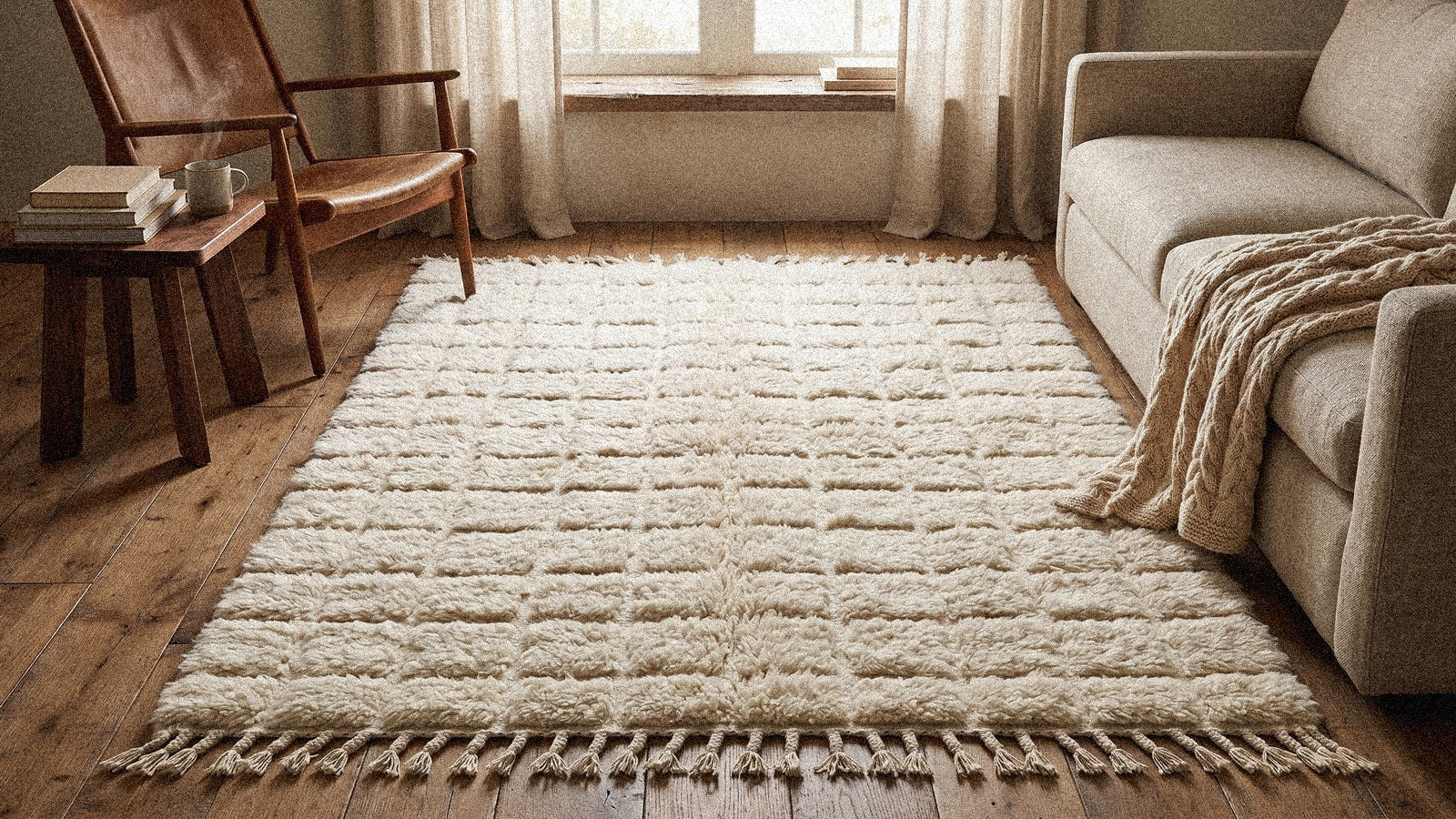 Tapis berbère en laine naturelle moelleuse dans un intérieur chaleureux