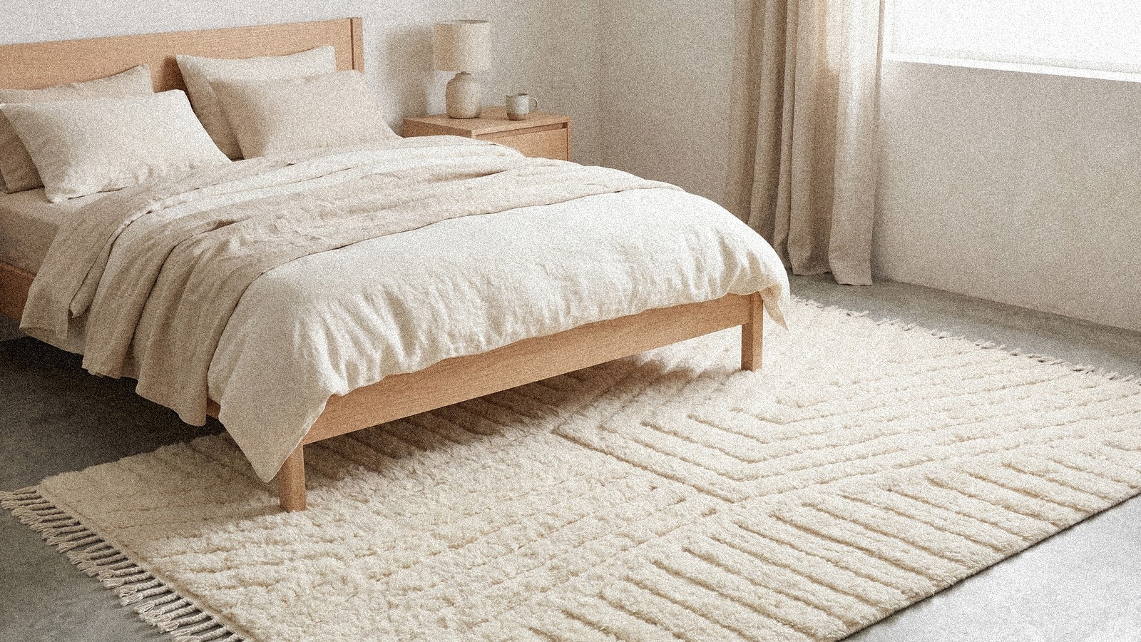 Tapis Beni Ouarain en laine douce ivoire au pied d'un lit dans une chambre sereine