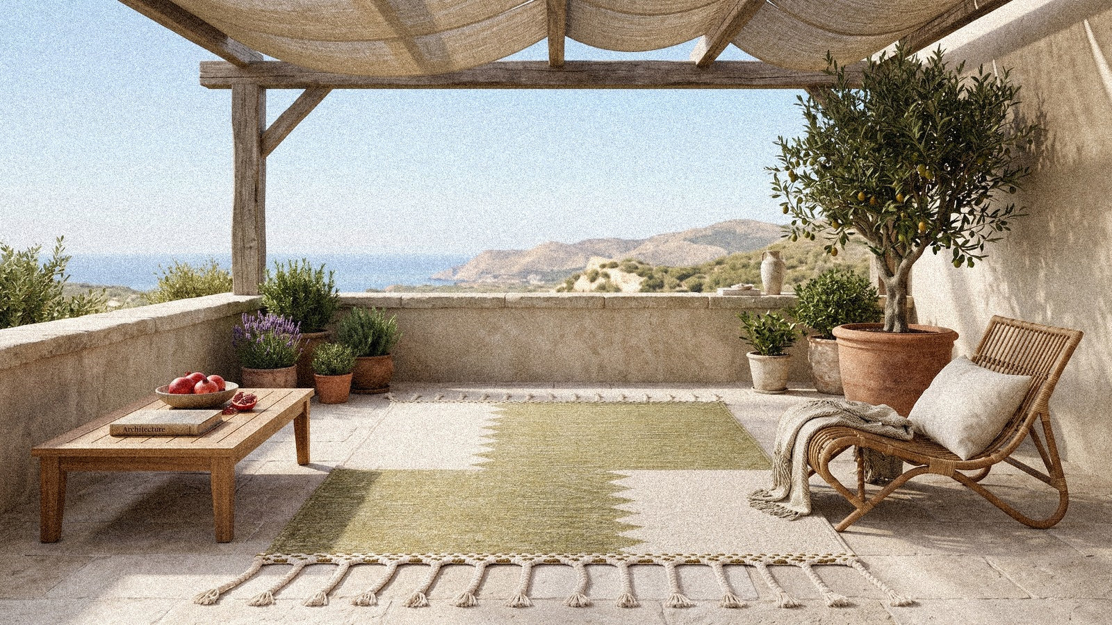 Tapis Zanafi ADAR olive et ivoire sur une terrasse couverte méditerranéenne en été