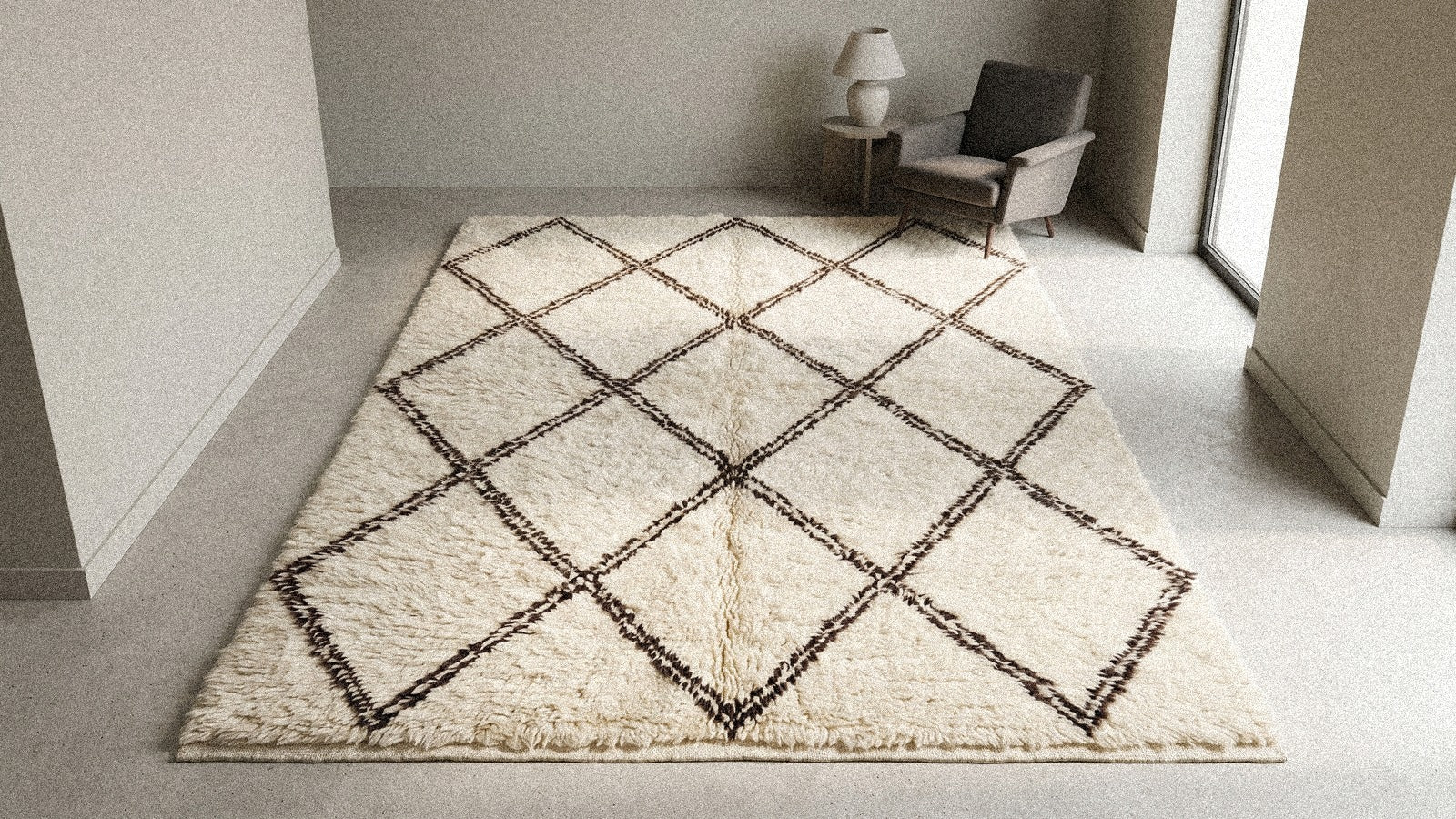 Tapis M'rirt en laine dense et sculptée dans un intérieur contemporain épuré