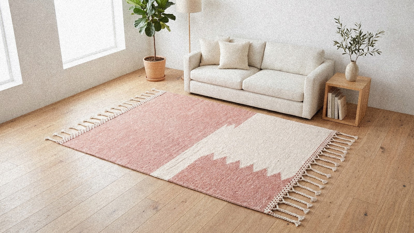 Tapis Zanafi rose poudré et ivoire dans un appartement clair et contemporain