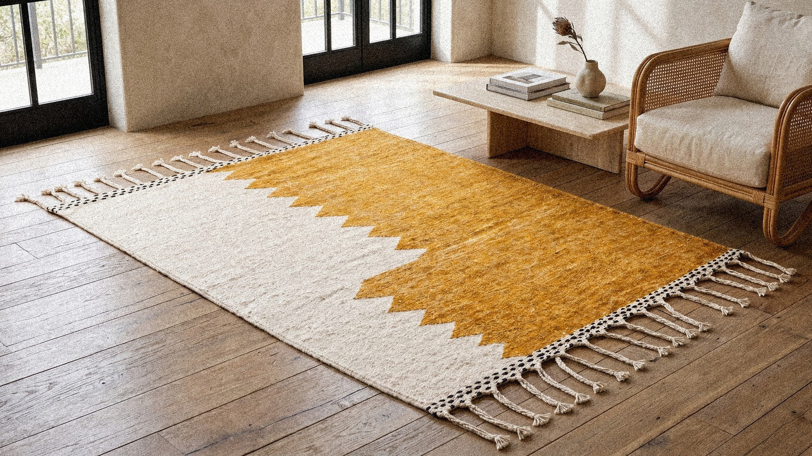 Tapis Zanafi AWRAGH or ambré et ivoire dans un salon lumineux d'été