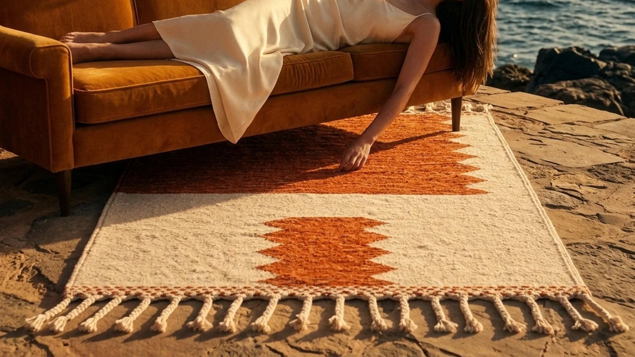 Kilim Zanafi TIZIRT terracotta et ivoire de Maison Amane déroulé face à la mer