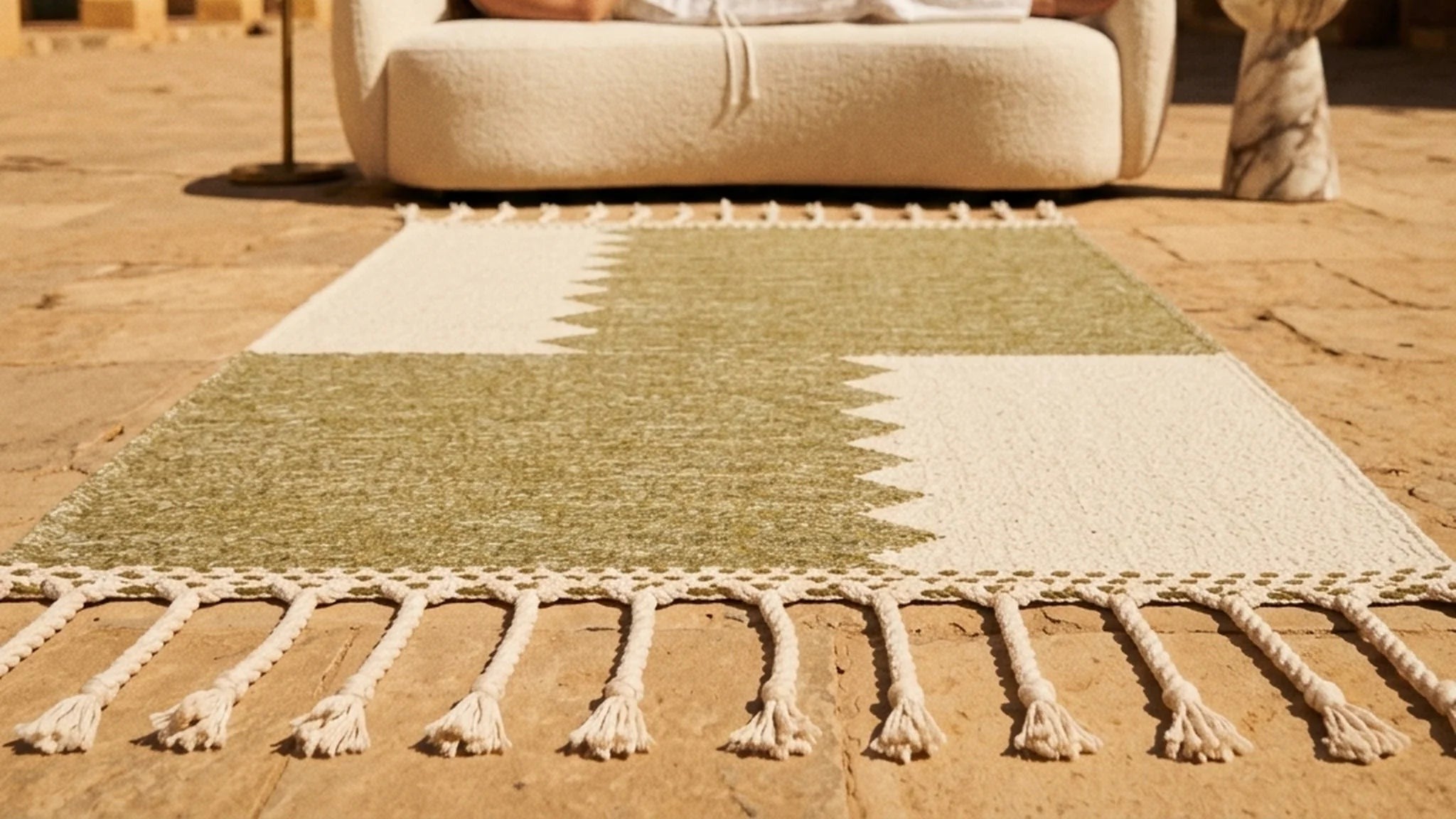 Kilim Zanafi ADAR olive sauge et ivoire de Maison Amane dans une cour méditerranéenne