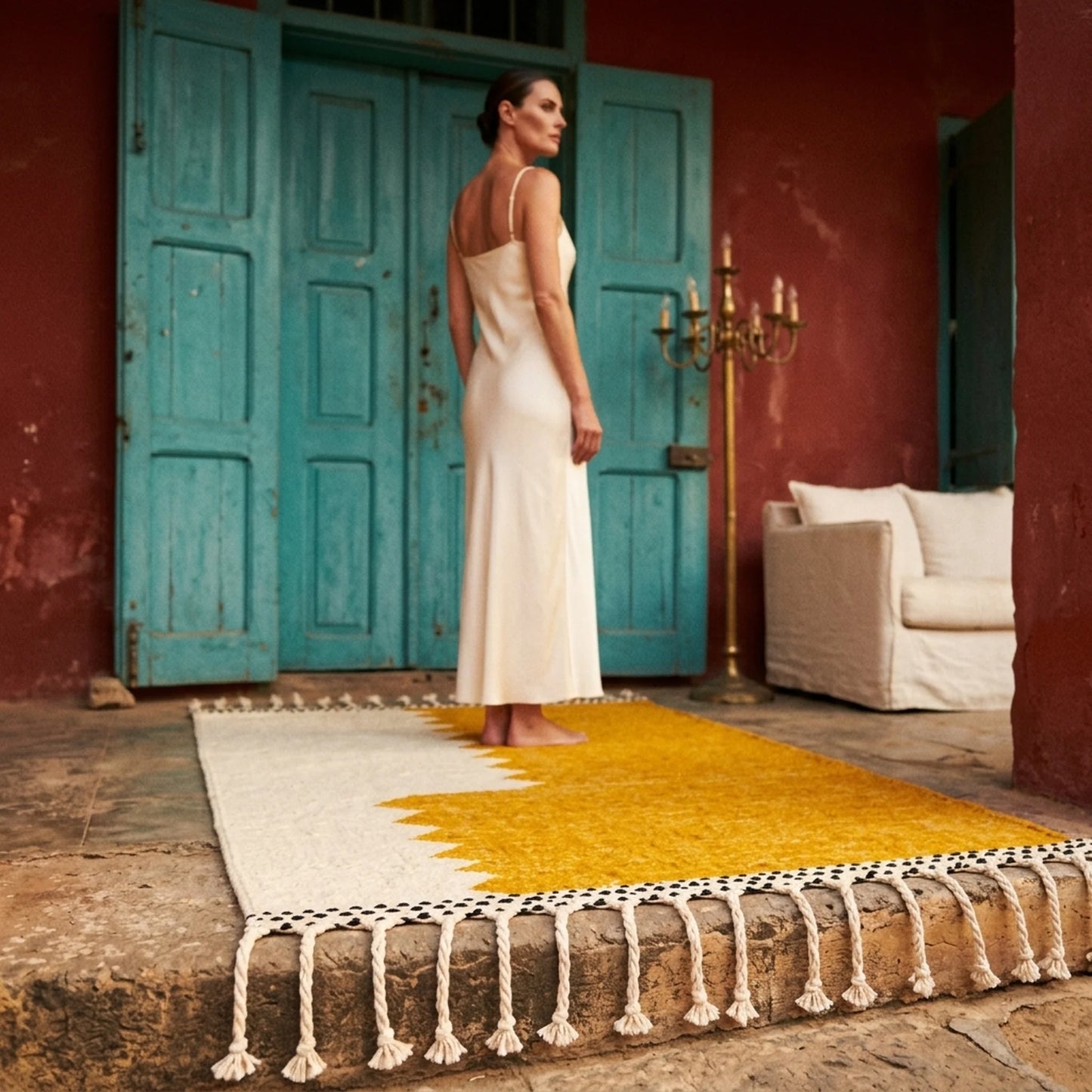 Tapis Zanafi AWRAGH — Or Ambré & Ivoire | Kilim Berbère Héritage