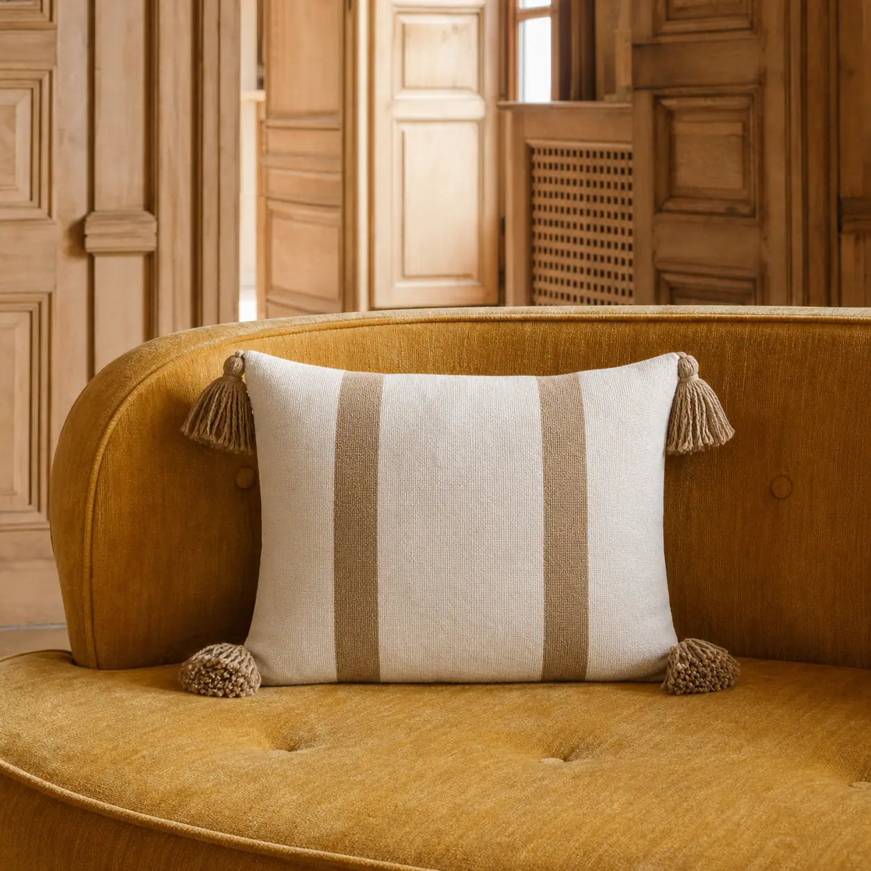 Coussin berbère AGHANIM en laine beige, camel, en situation
