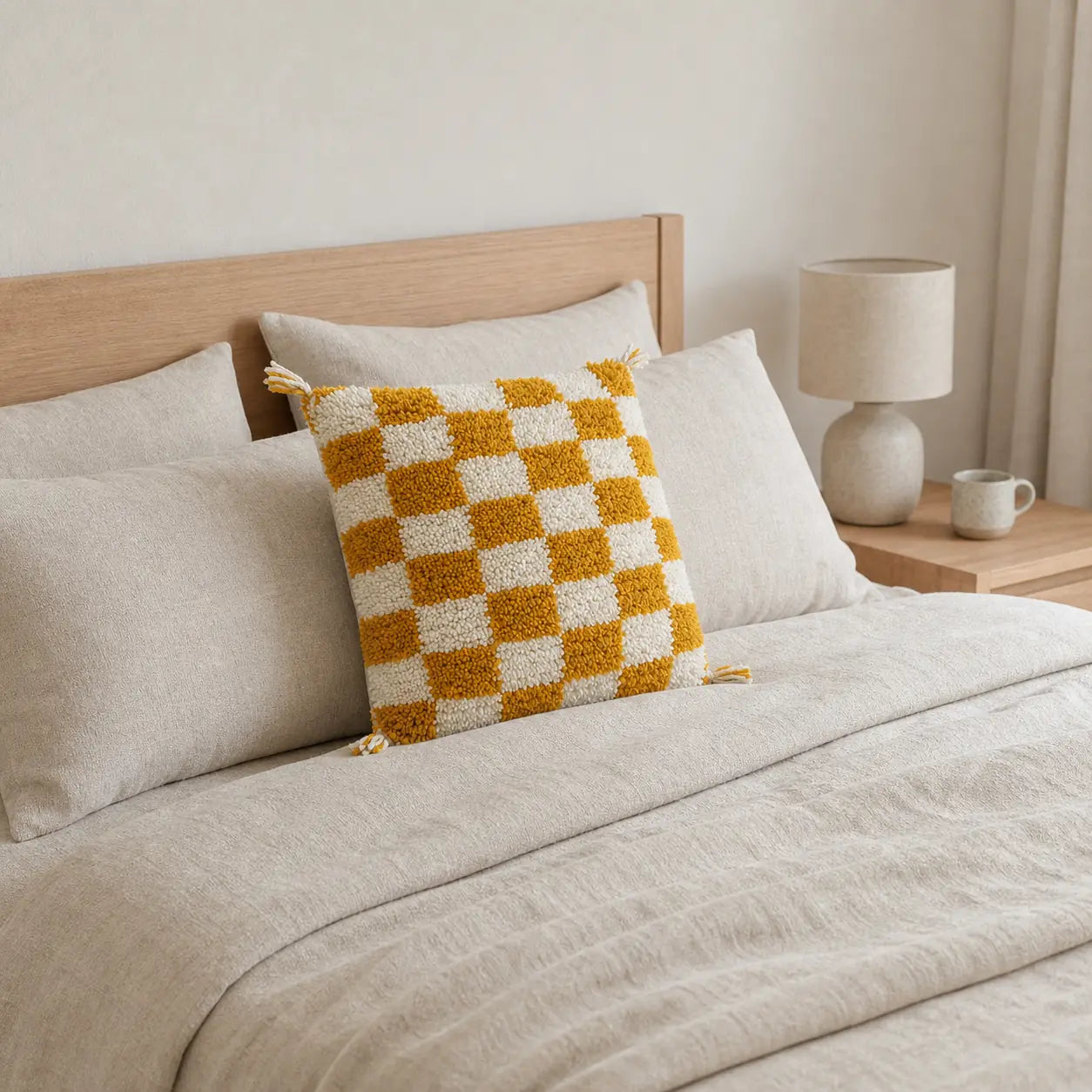 Coussin berbère AGHRUM en laine moutarde, jaune, en situation