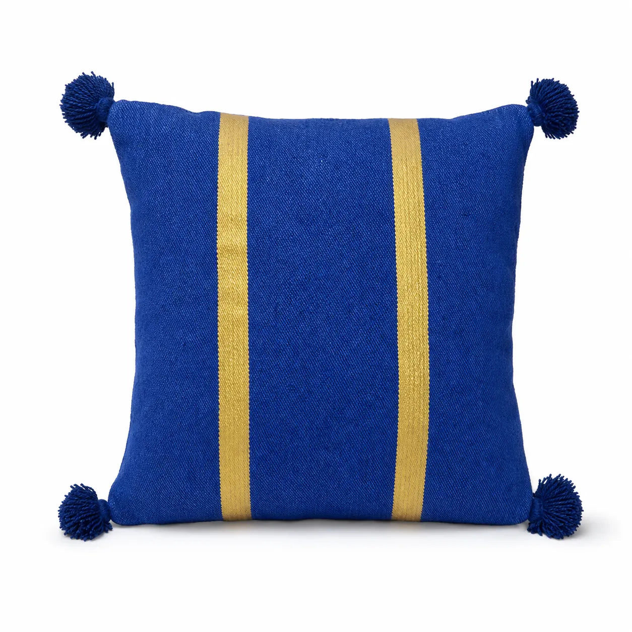 Coussin berbère AMUR en laine bleu, moutarde, sur fond blanc