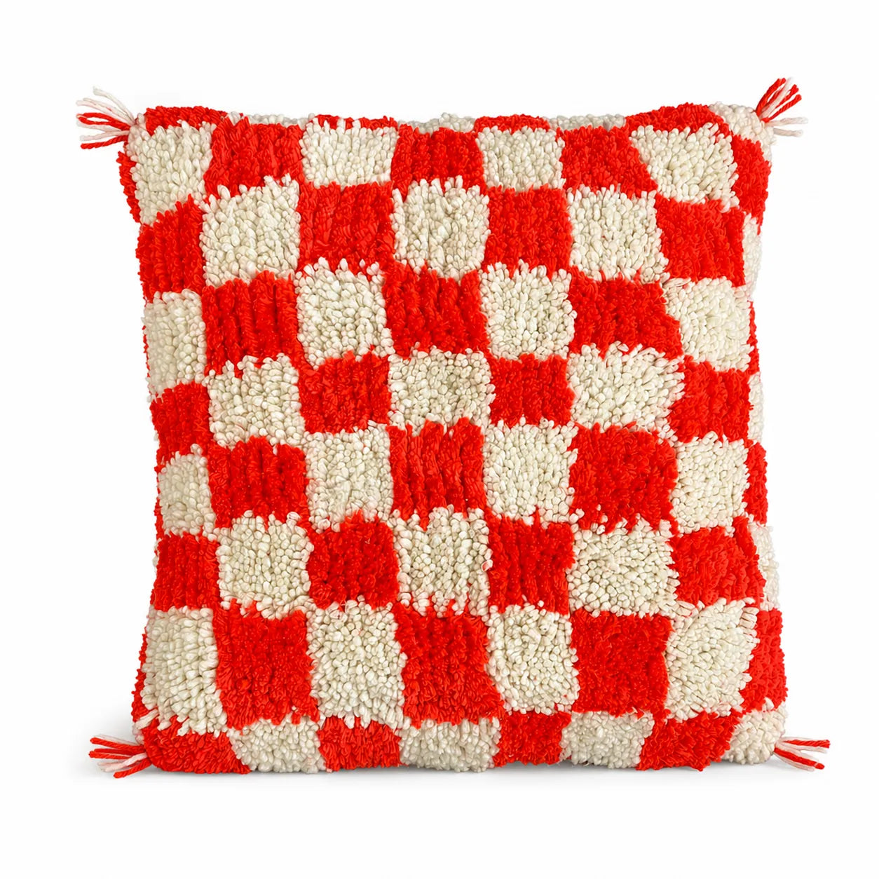 Coussin berbère ANEBDU en laine rouge, écru, sur fond blanc