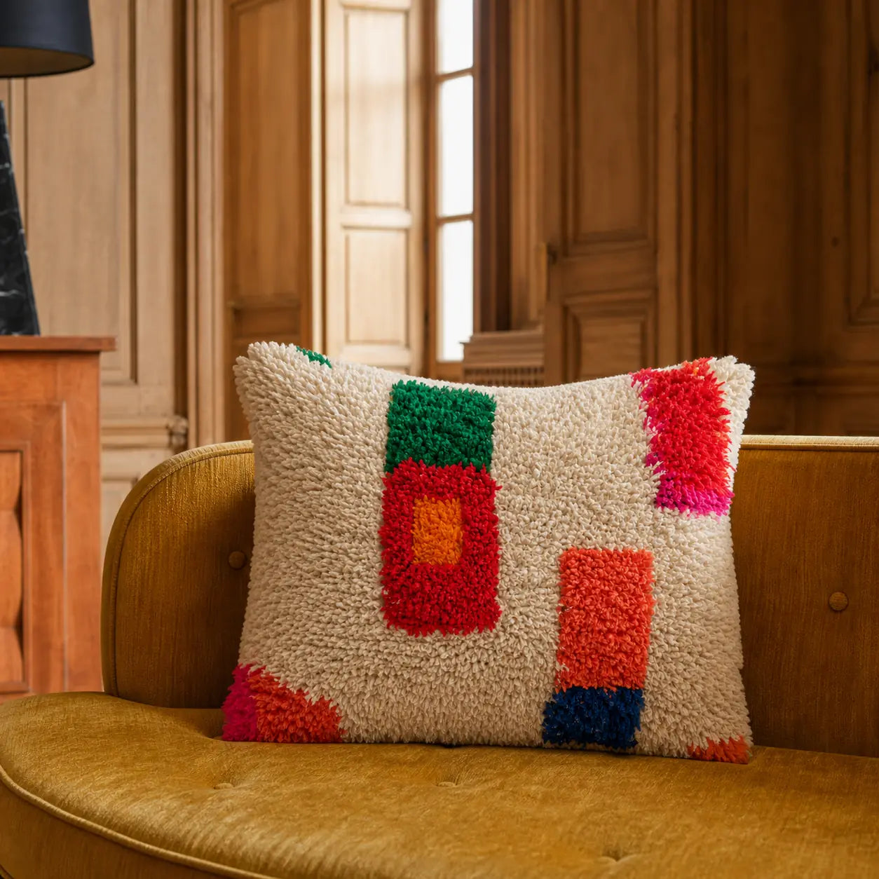 Coussin berbère ASAFAR en laine vert, rouge, en situation