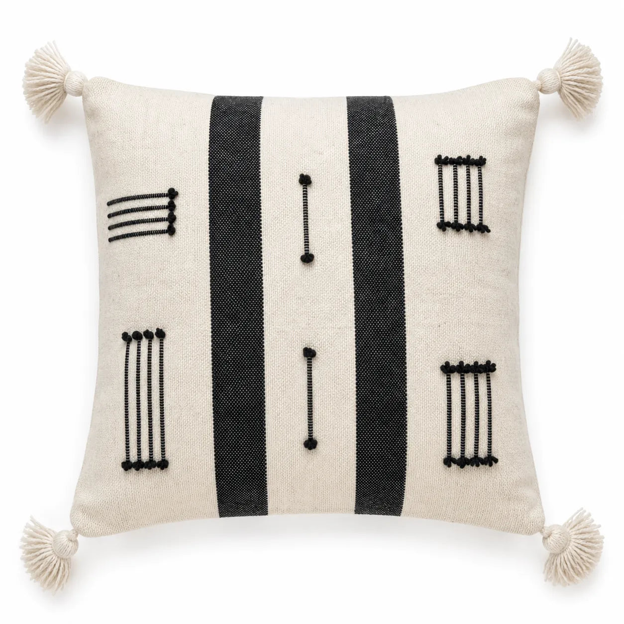 Coussin berbère ASKKIL en laine noir, écru, sur fond blanc
