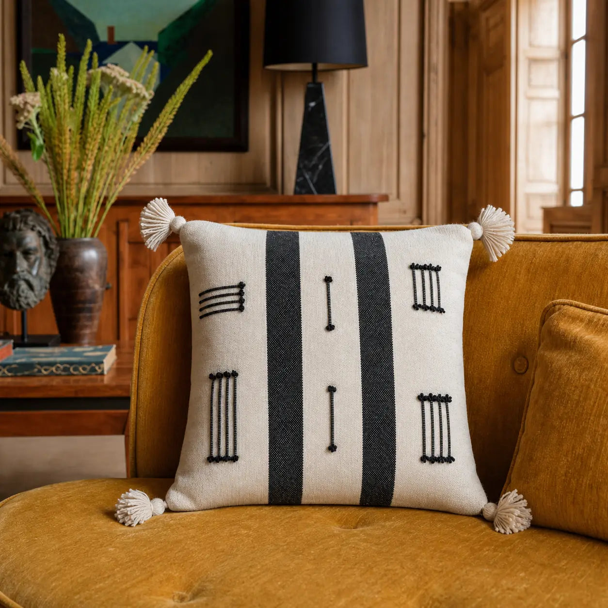 Coussin berbère ASKKIL en laine noir, écru, en situation