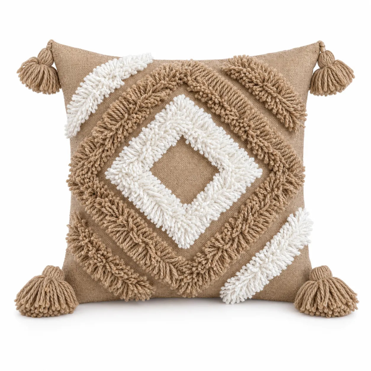 Coussin berbère AWRIR en laine taupe, écru, sur fond blanc