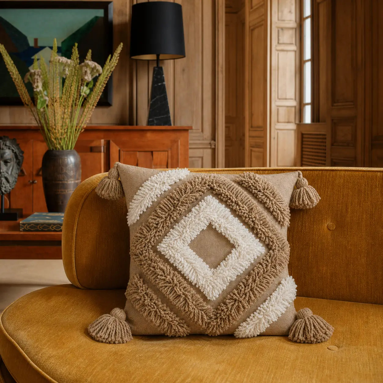 Coussin berbère AWRIR en laine taupe, écru, en situation
