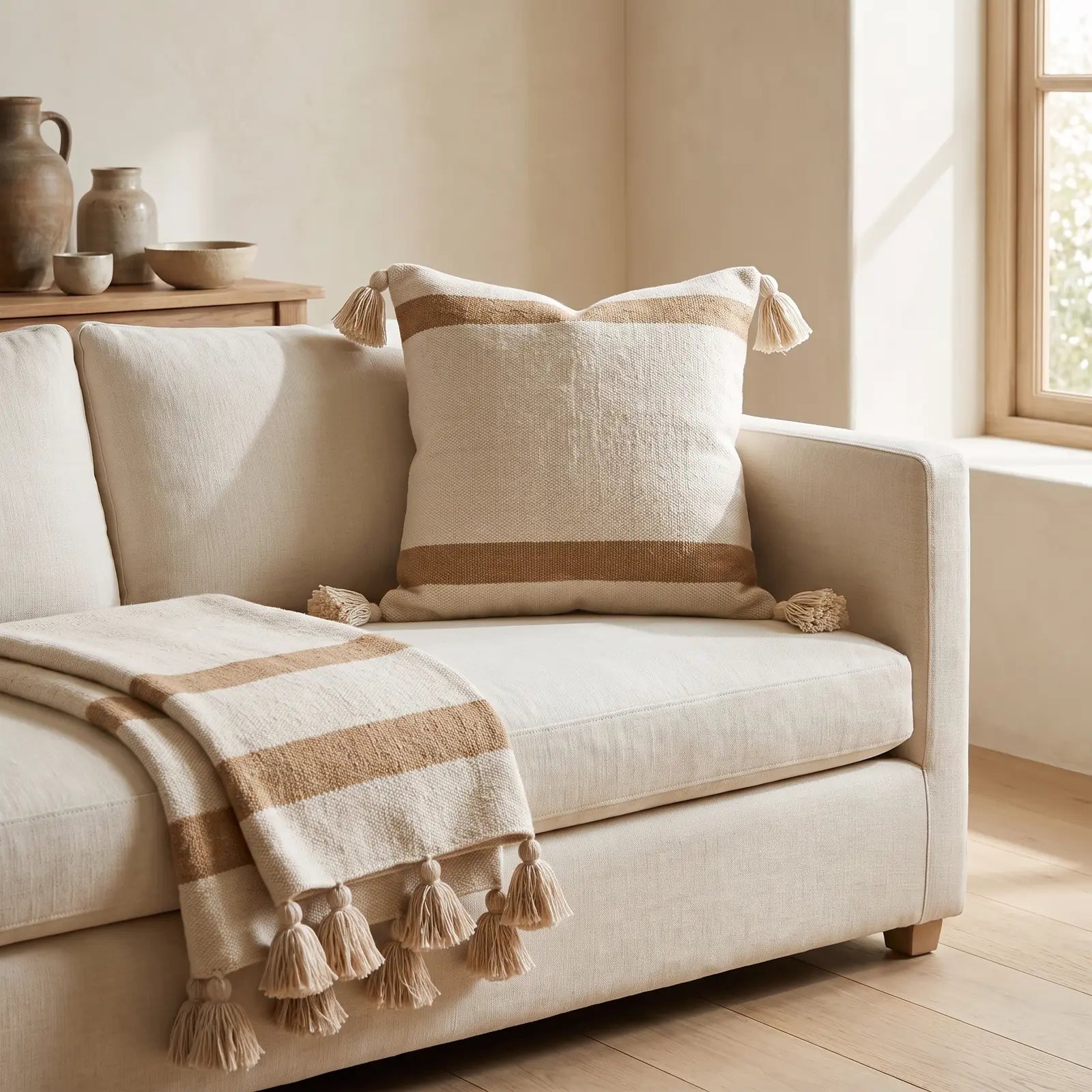 Coussin berbère AZAGHAR en laine beige, camel, en situation