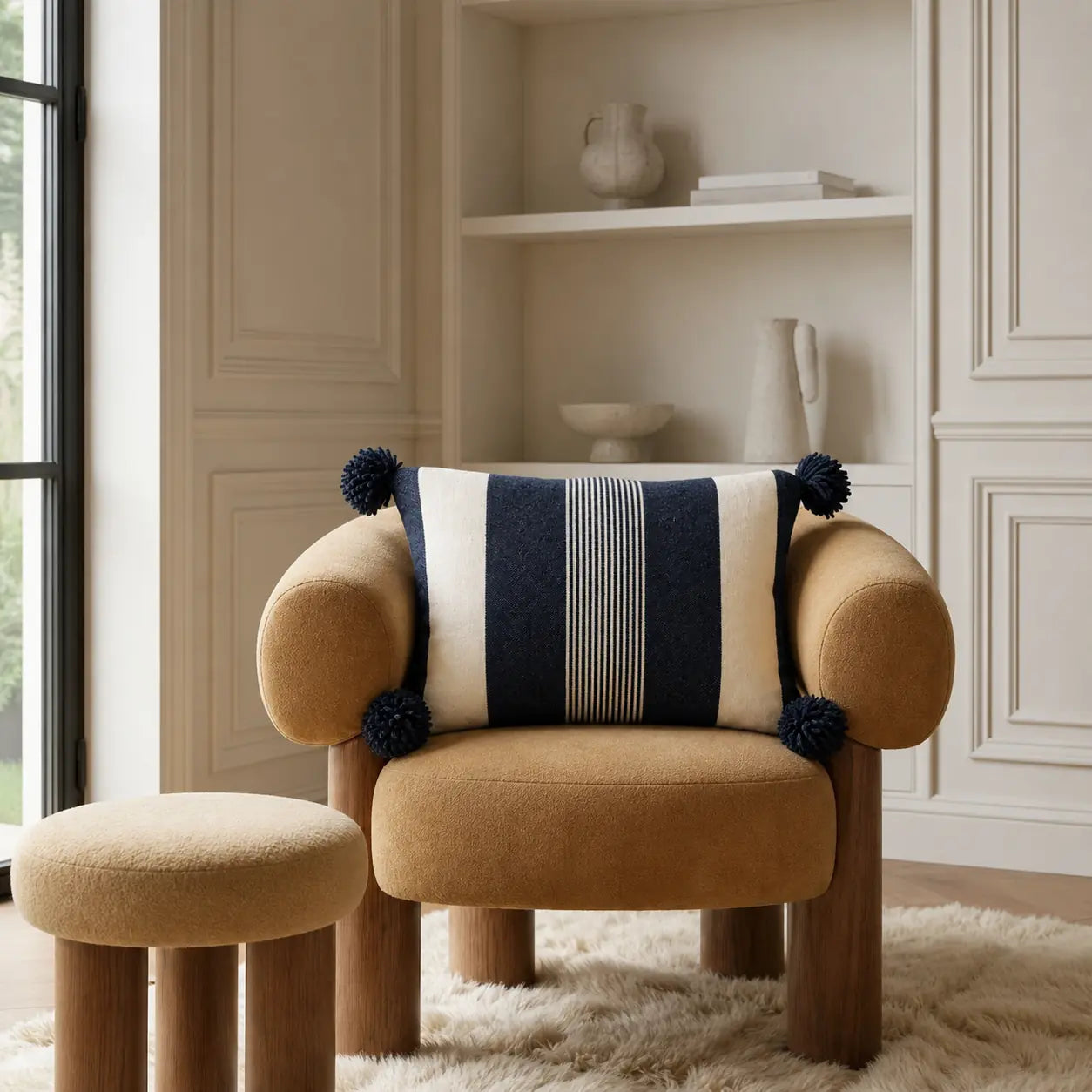 Coussin berbère IMI en laine noir, marine, en situation