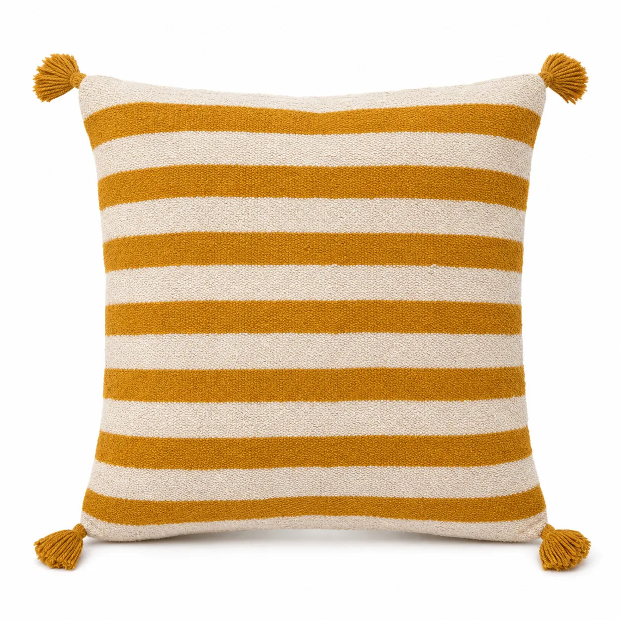 Coussin berbère IRDEN en laine moutarde, jaune, sur fond blanc