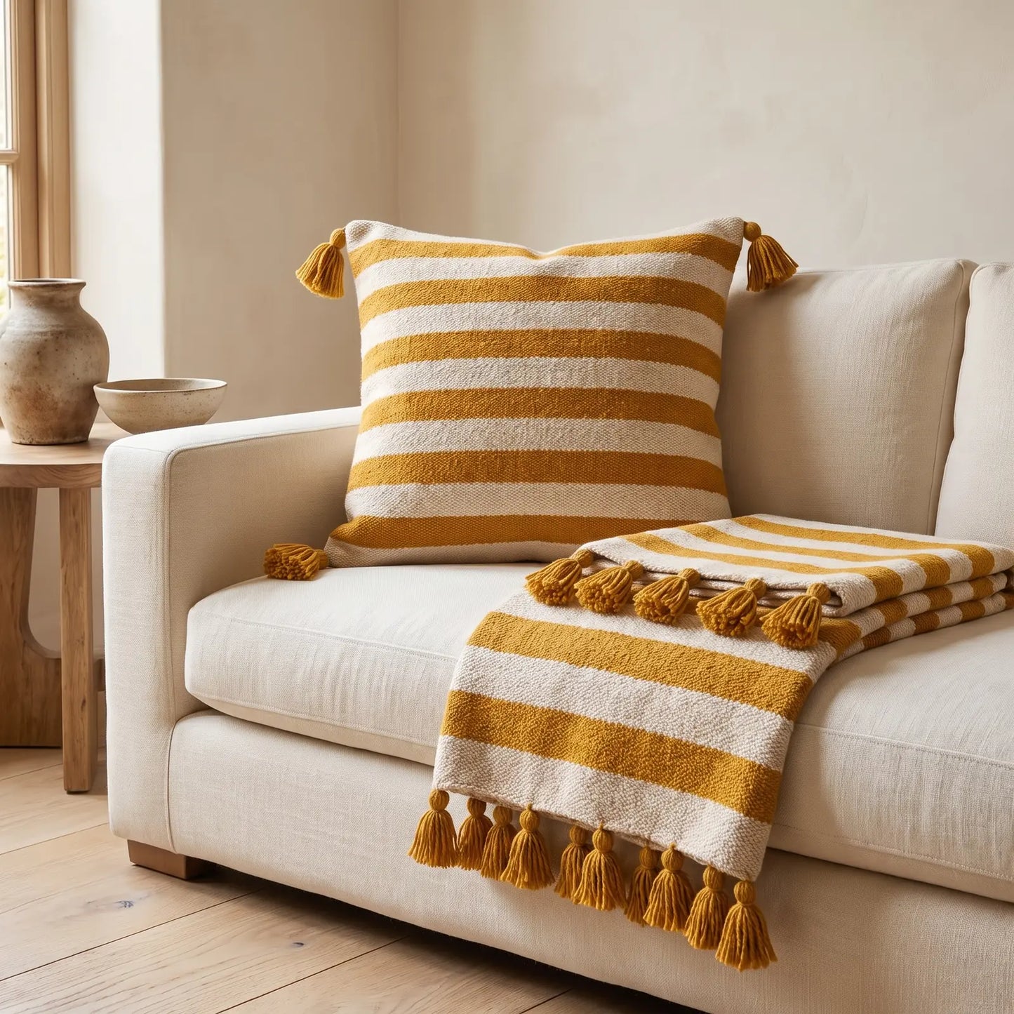 Coussin berbère IRDEN en laine moutarde, jaune, en situation
