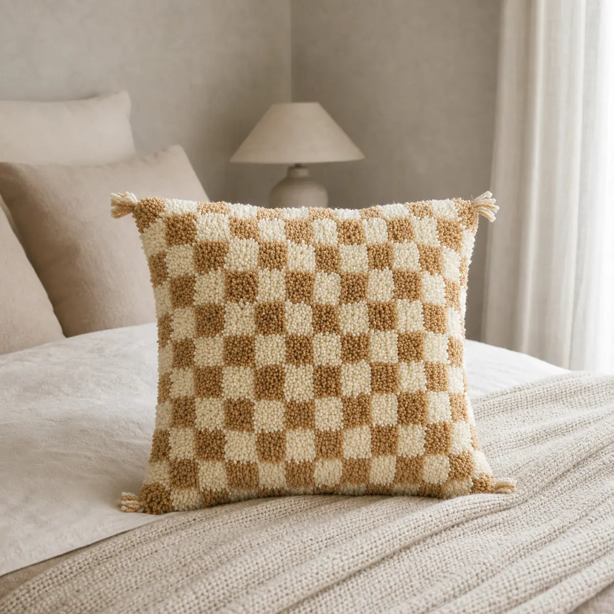 Coussin berbère TADLA en laine beige, écru, en situation