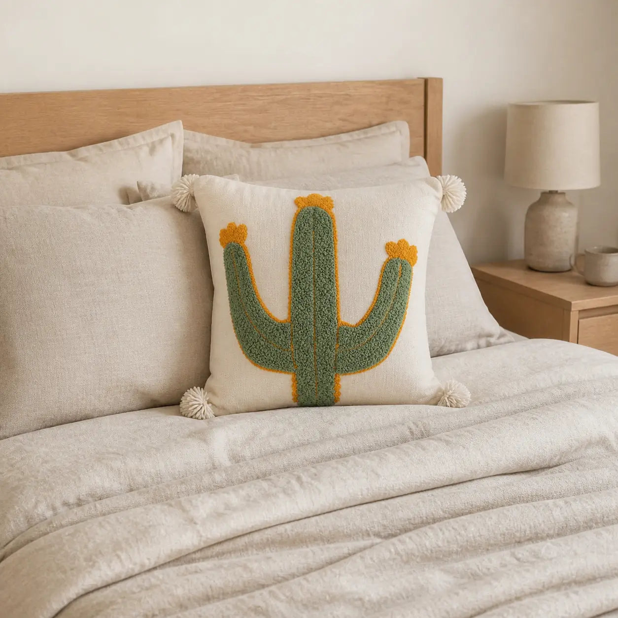 Coussin berbère TAKNARIT en laine vert, orange, en situation