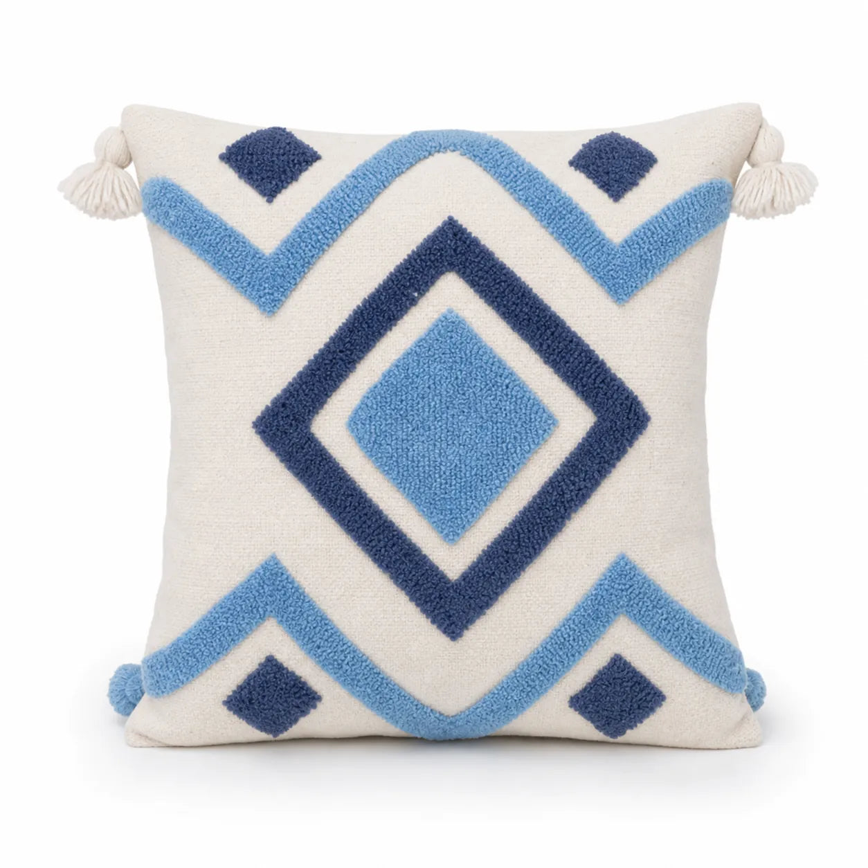 Coussin berbère TALGHA en laine bleu, écru, sur fond blanc