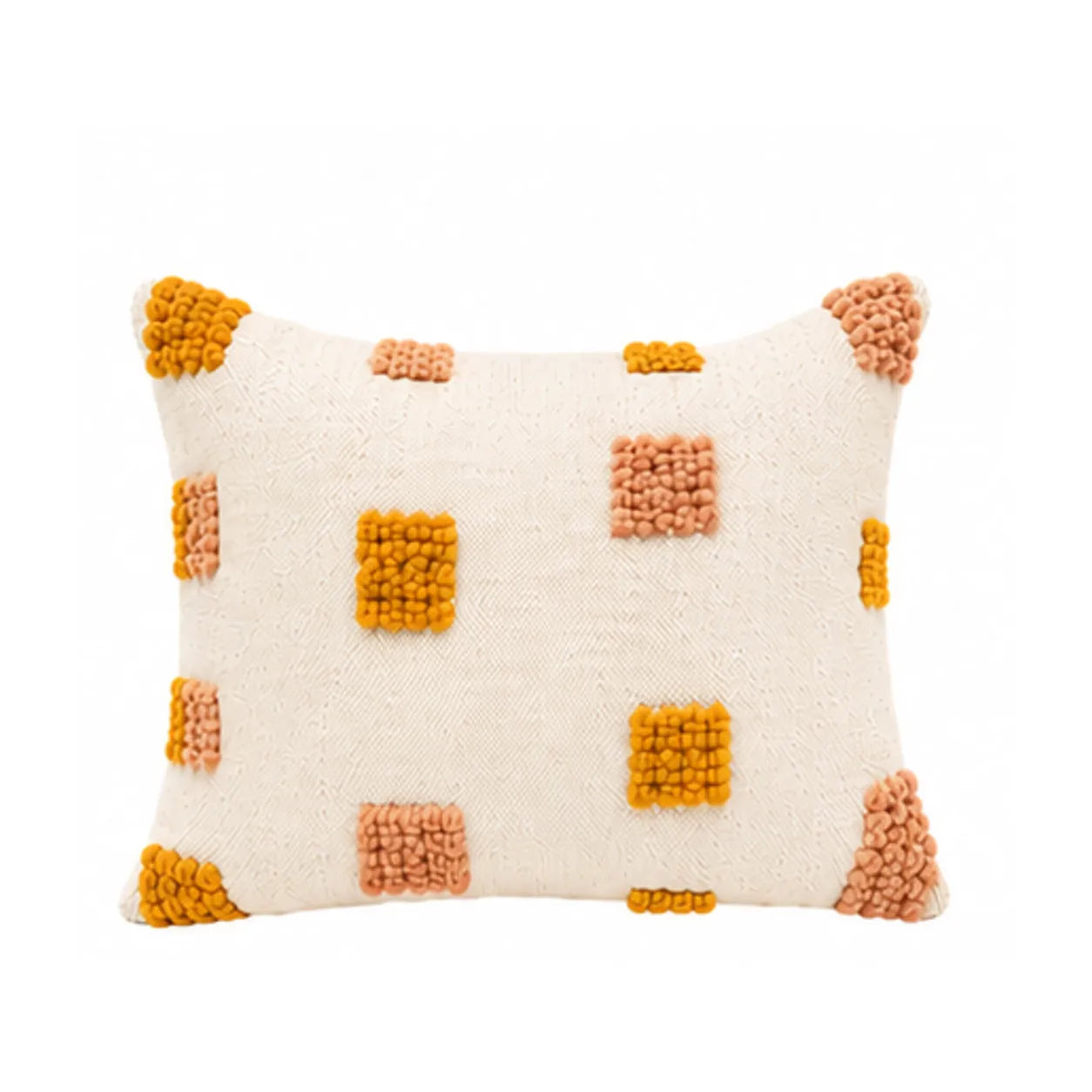 Coussin berbère TAMDINT, coloris Moutarde & Pêche, sur fond blanc