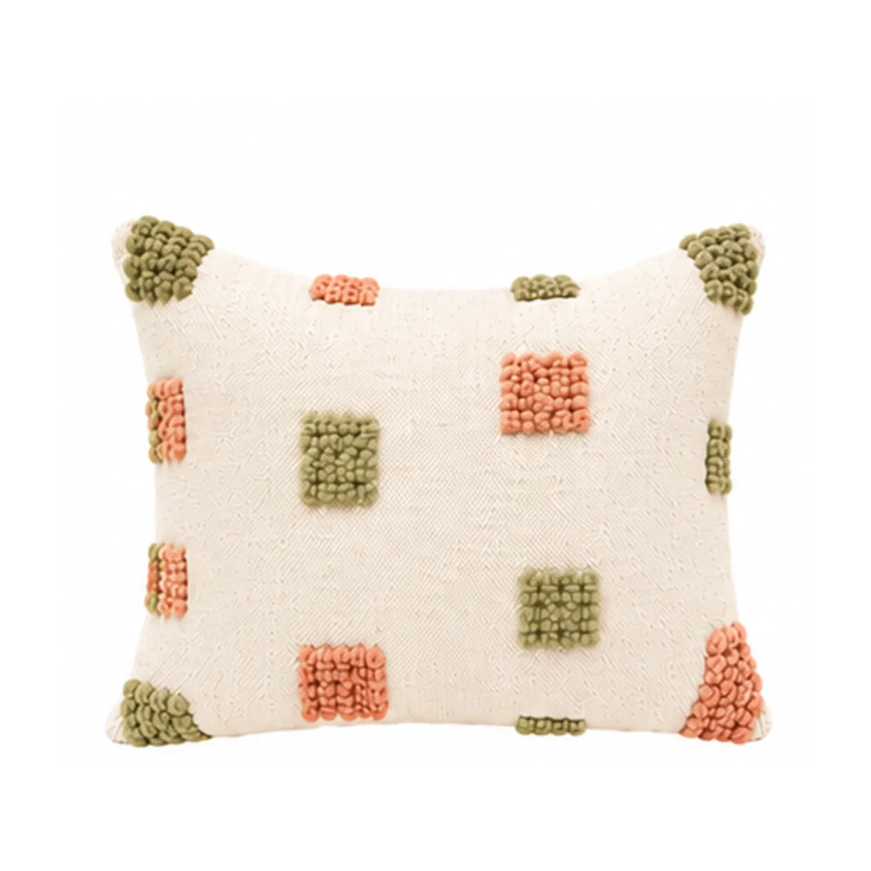 Coussin berbère TAMDINT, coloris Olive & Corail, sur fond blanc