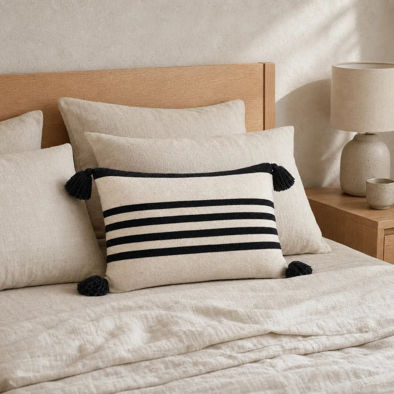Coussin berbère TASGA en laine noir, écru, en situation