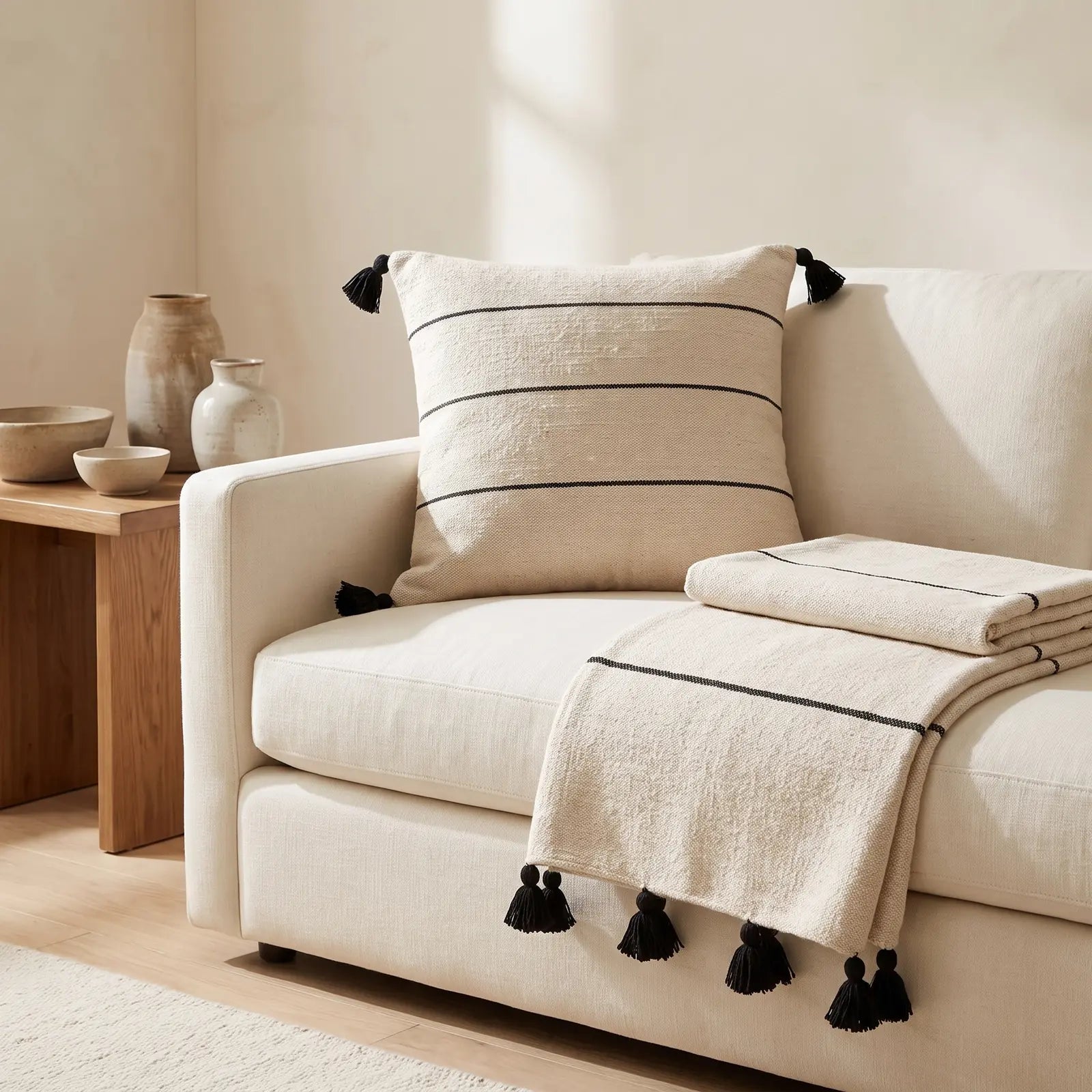 Coussin berbère TIMITAR en laine noir, écru, en situation