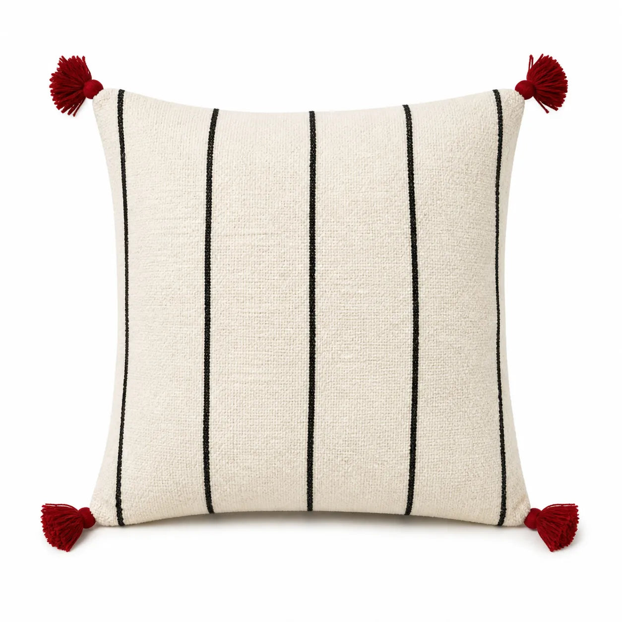 Coussin berbère TIMSI en laine noir, rouge, sur fond blanc