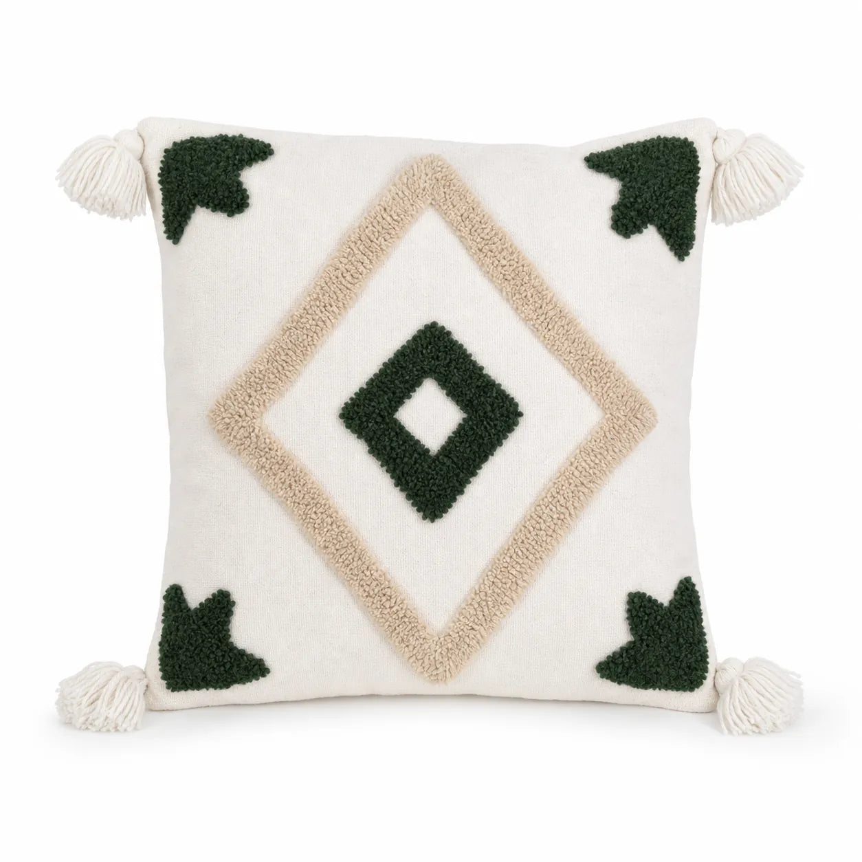 Coussin berbère URTI en laine vert, écru, sur fond blanc