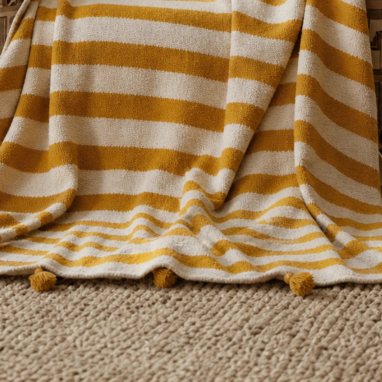 IRDEN, plaid berbère en laine, détail du tissage et des pompons