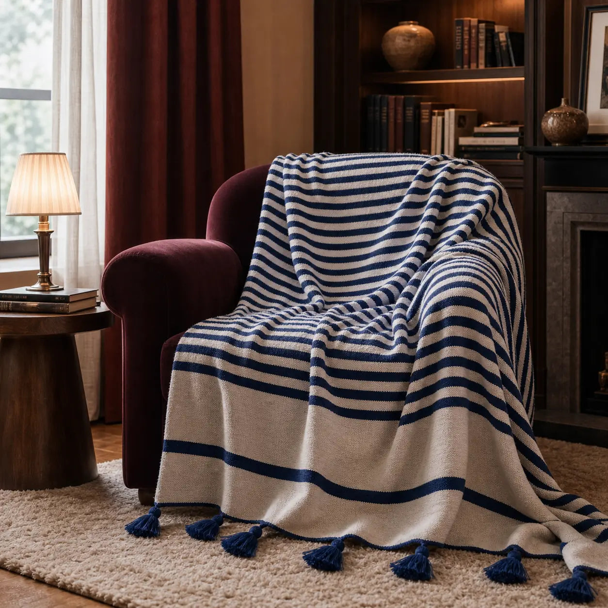 TIGHRI, plaid berbère en laine bleu marine & écru, en situation