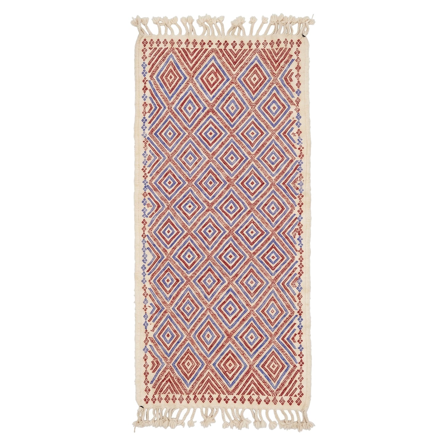Tapis de couloir Abrid 230 × 95 cm, losanges rouge brique et bleu sur écru, fond blanc