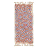Tapis de couloir Abrid 230 × 95 cm, losanges rouge brique et bleu sur écru, fond blanc