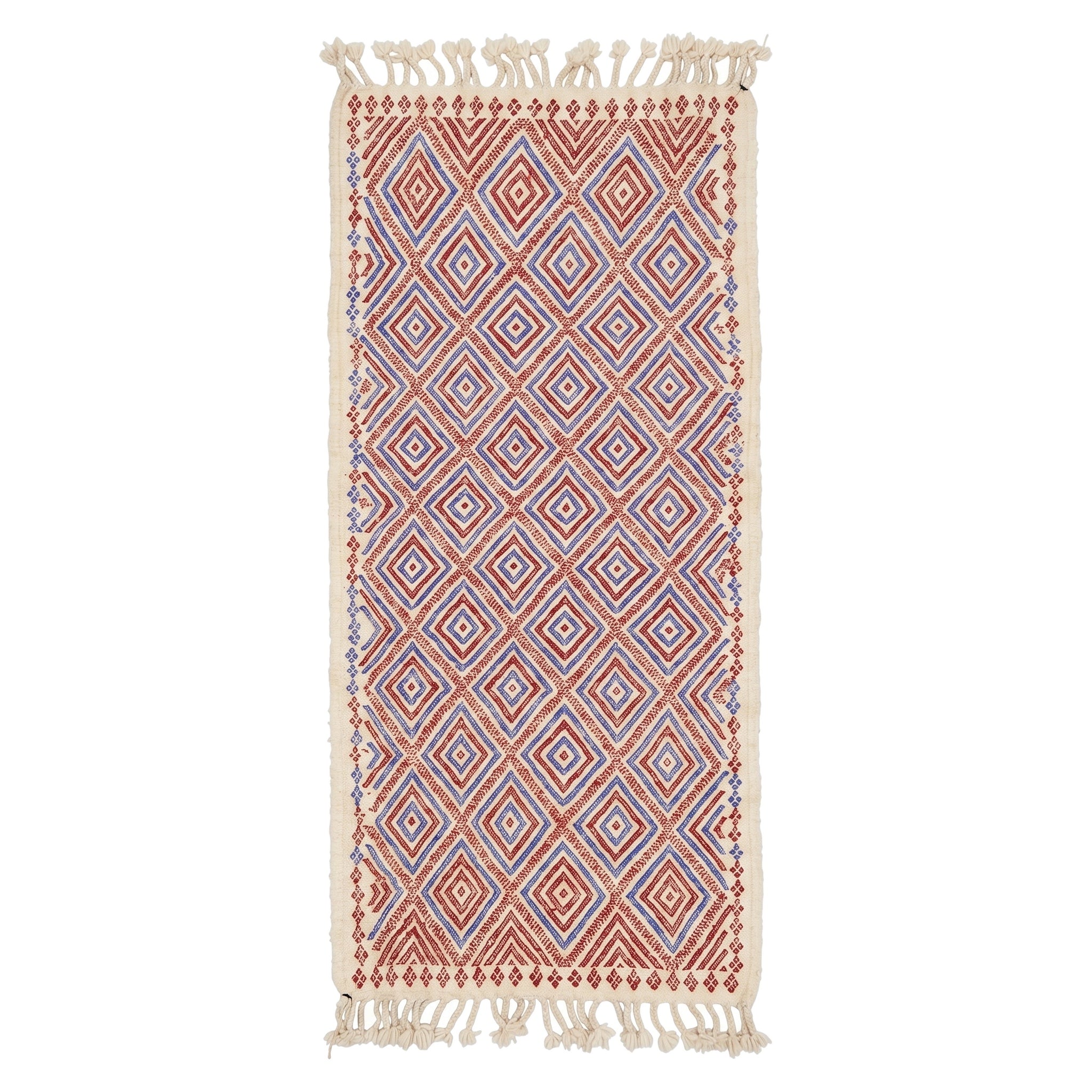 Tapis de couloir Abrid 230 × 95 cm, losanges rouge brique et bleu sur écru, fond blanc