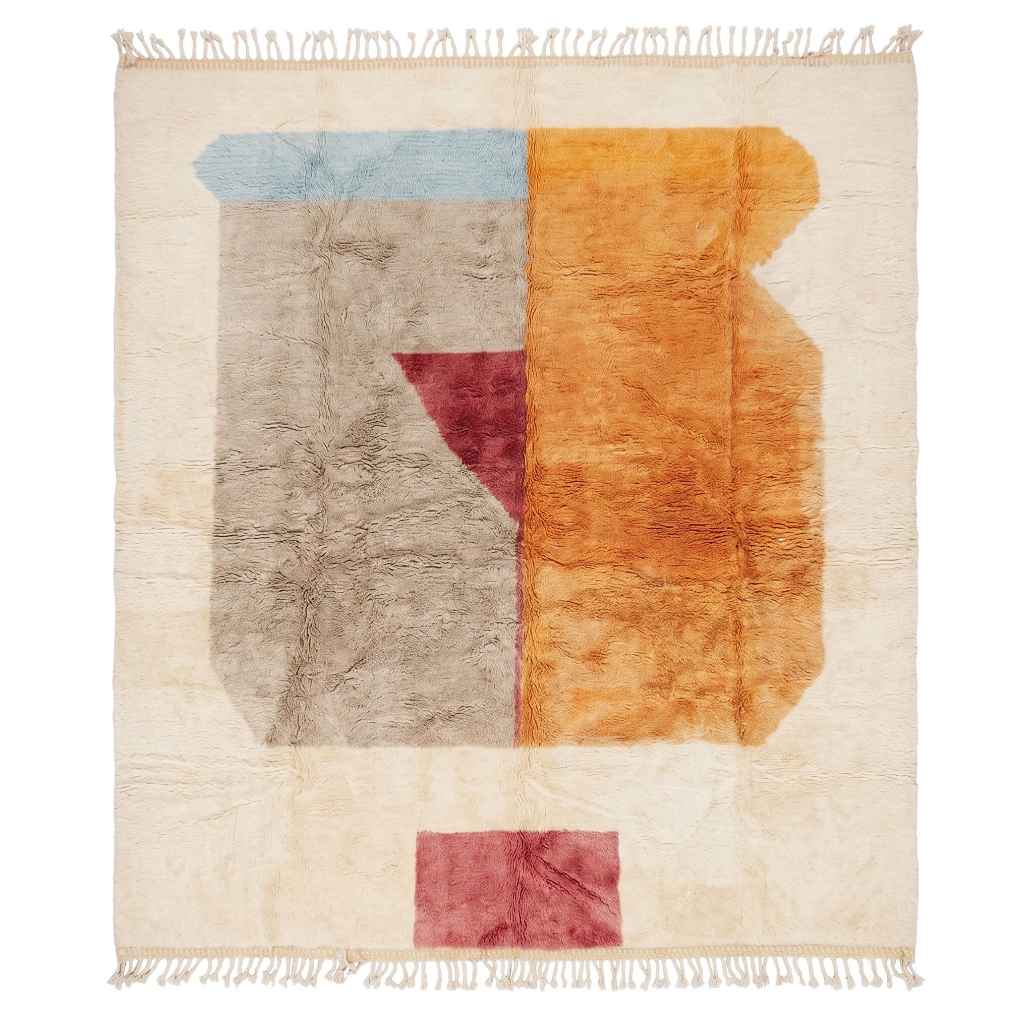 Tapis M'rirt Agdal 290 × 385 cm, blocs safran, taupe et bordeaux sur ivoire, fond blanc