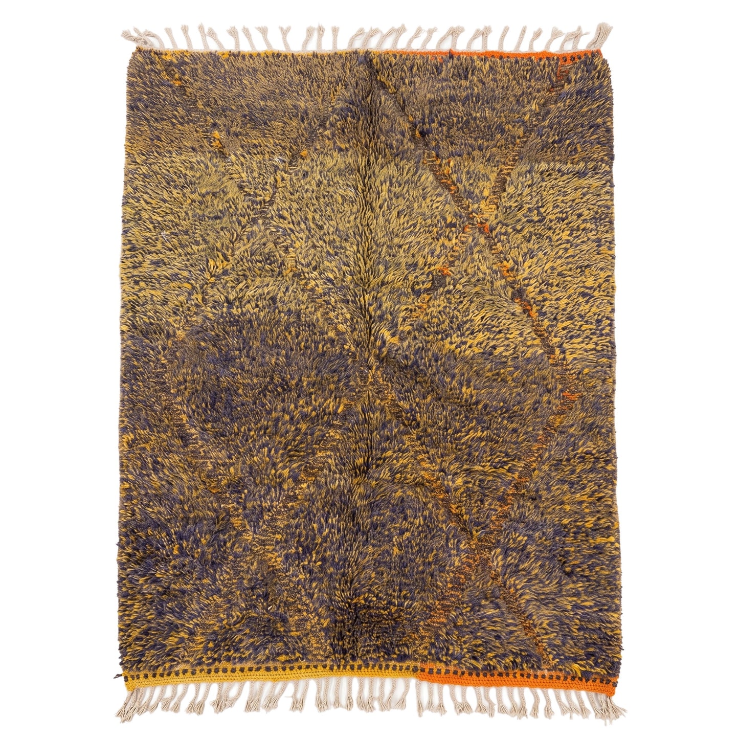 Tapis M'rirt Ighil 190 × 120 cm, chiné safran et aubergine, lisières orange, fond blanc