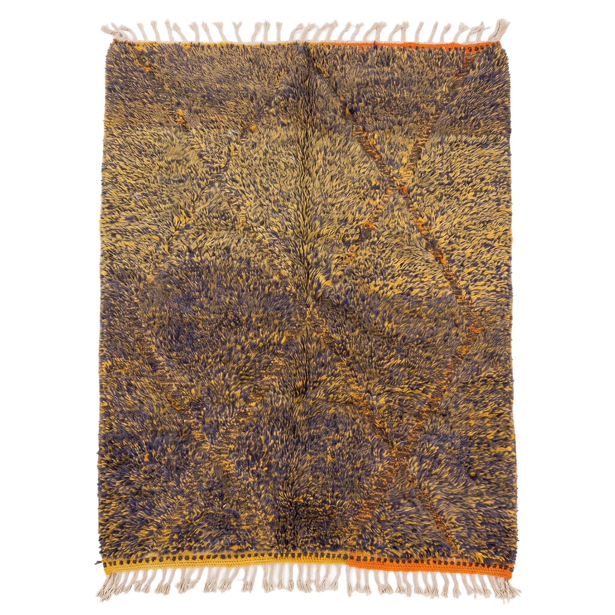 Tapis M'rirt Ighil 190 × 120 cm, chiné safran et aubergine, lisières orange, fond blanc