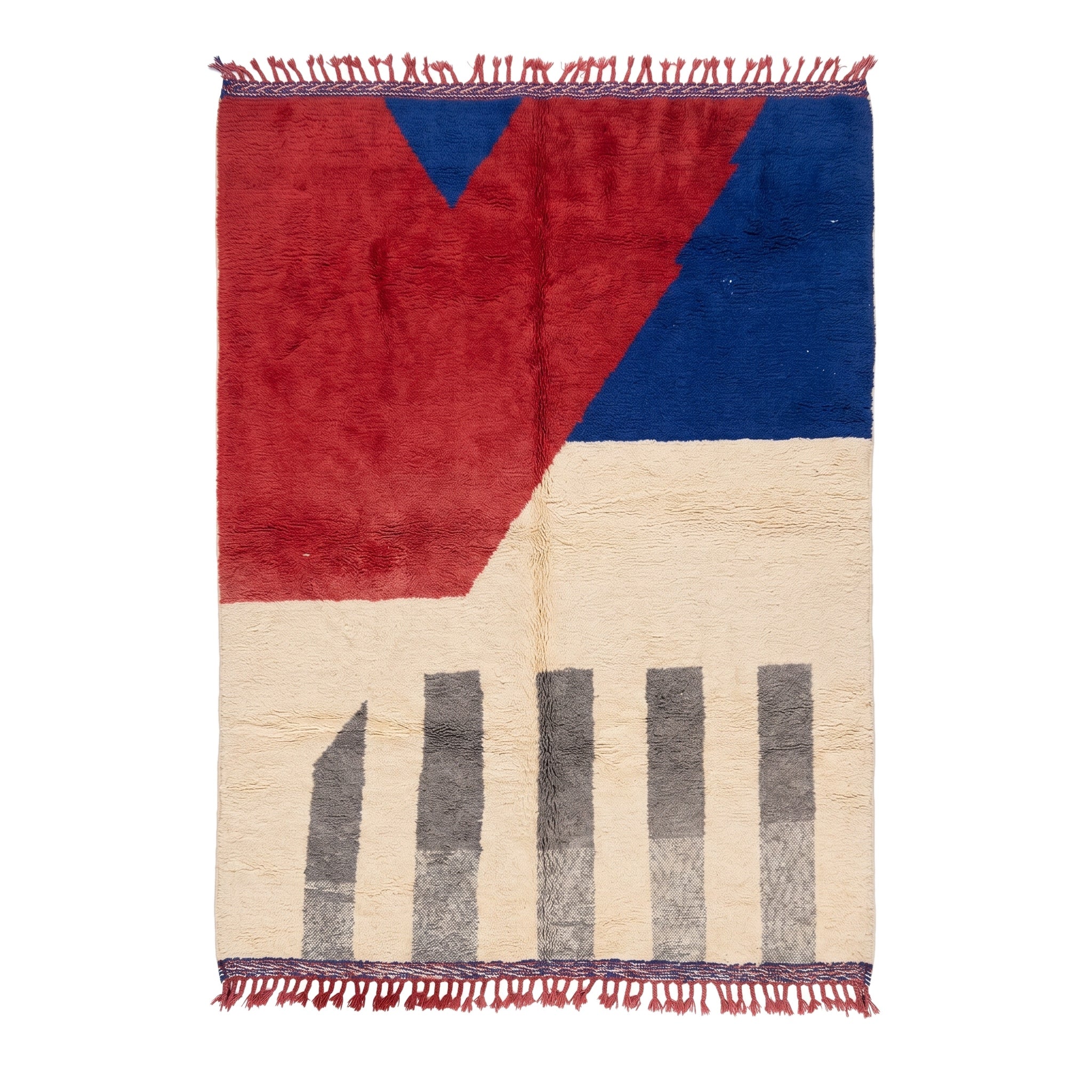 Tapis M'rirt Midelt 185 × 280 cm, color-block carmin, bleu roi et écru, fond blanc