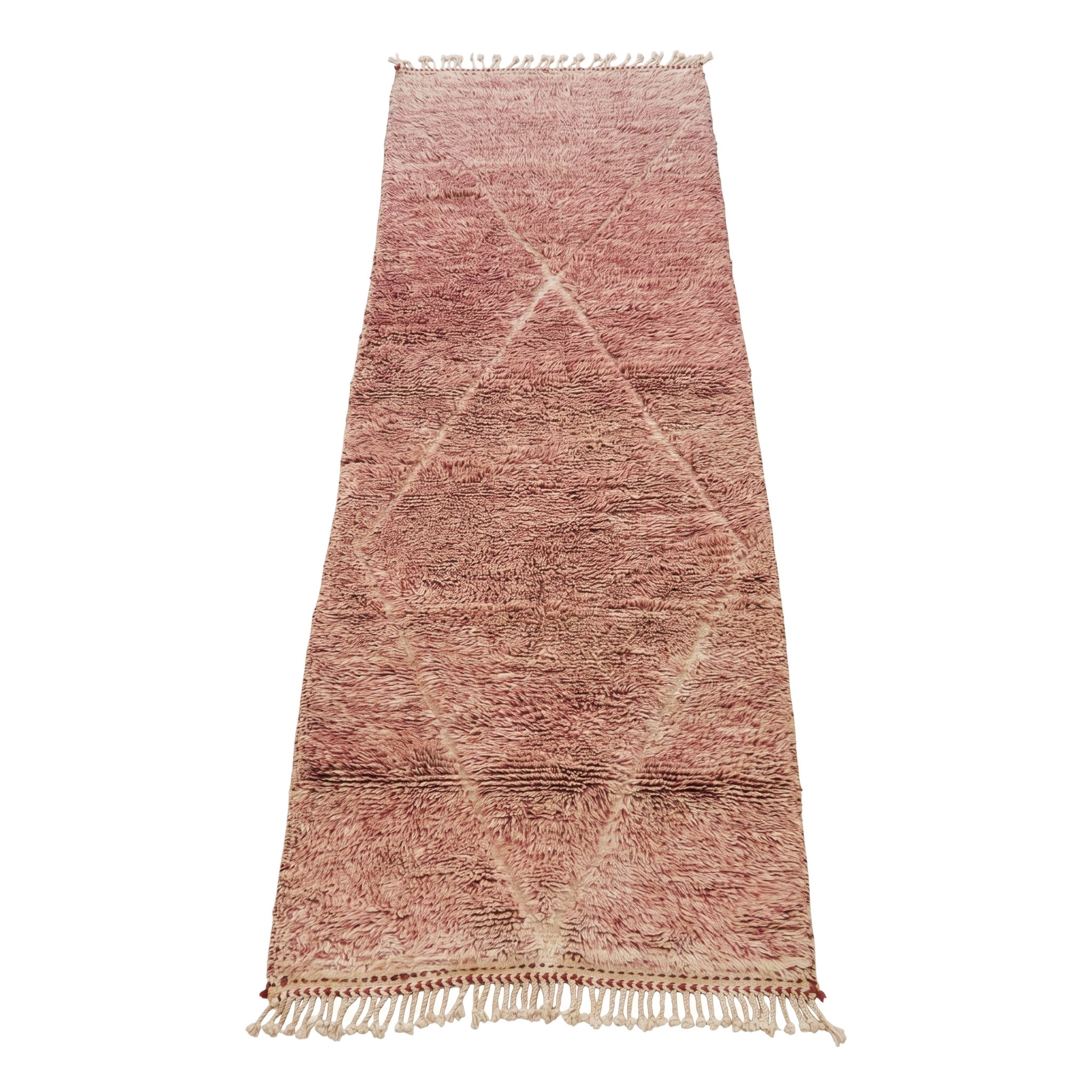 Tapis de couloir Tabrat 310 × 97 cm, rose chiné à losanges écrus, fond blanc