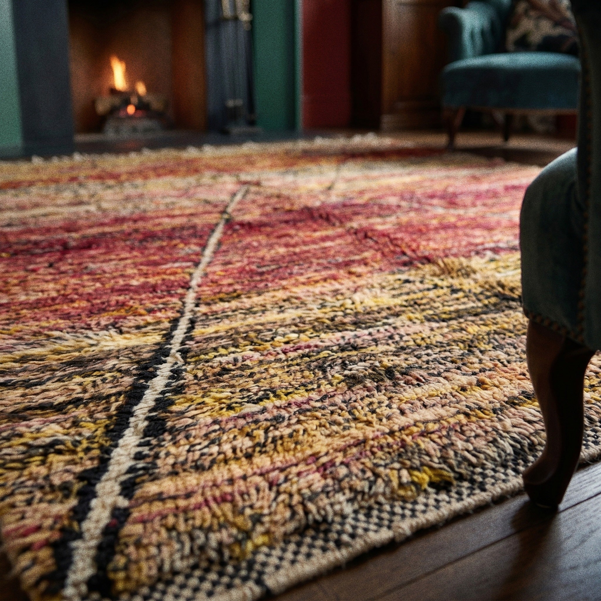 Détail des mèches de laine du tapis M'rirt Tafraout