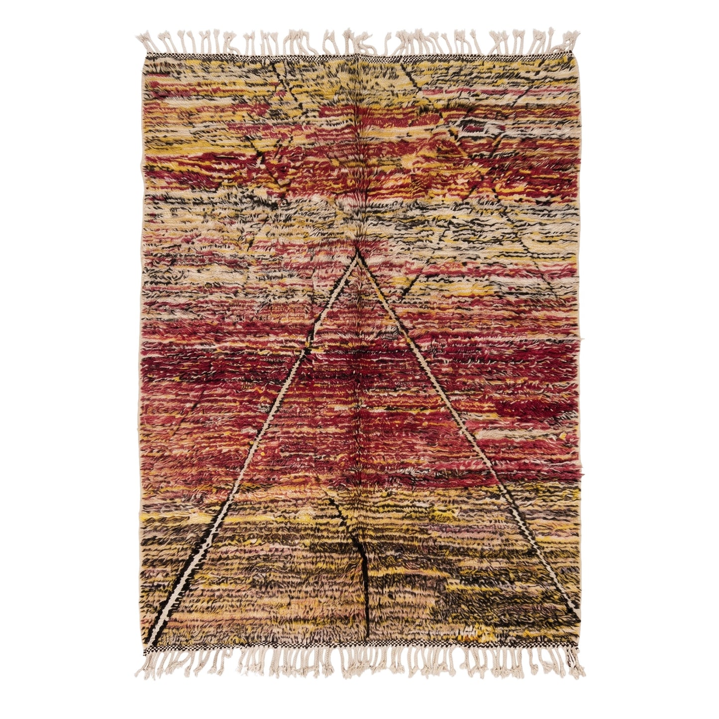 Tapis M'rirt Tafraout 245 × 175 cm, laine chinée grenat, safran et olive, fond blanc
