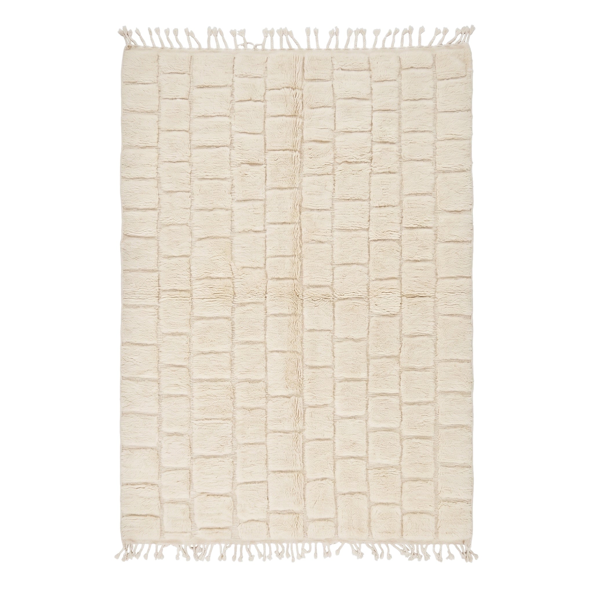 Tapis M'rirt Tigmi 210 × 320 cm, ivoire sculpté en damier, fond blanc