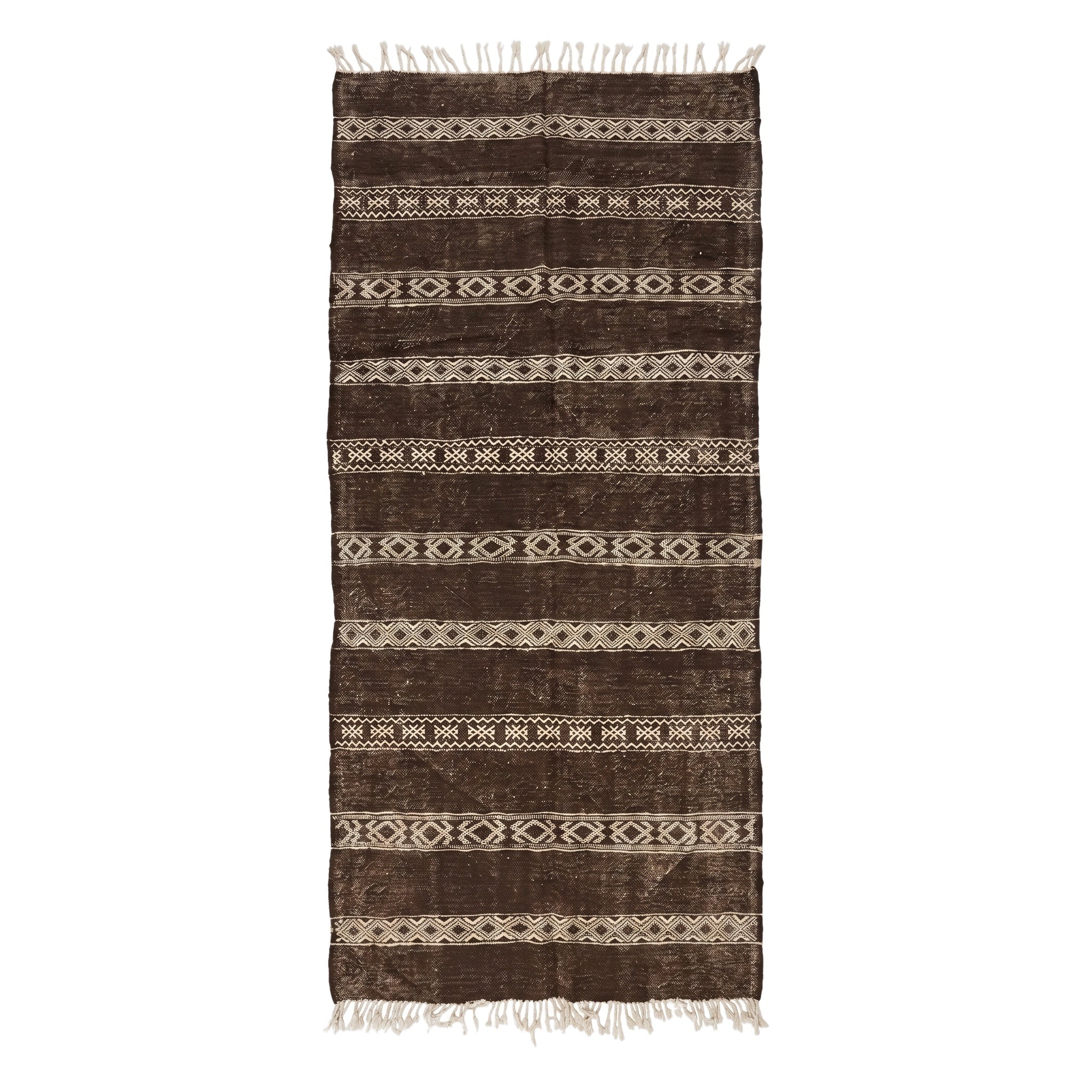 Kilim berbère Tizi 300 × 150 cm, bandes brun et écru en laine tissée main, fond blanc
